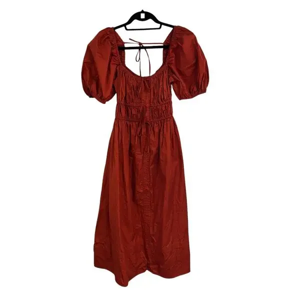 En Saison Cognac Sveta Puff Sleeve Tie Front Cotton Midi Dress Womens XS - Picture 2 of 8